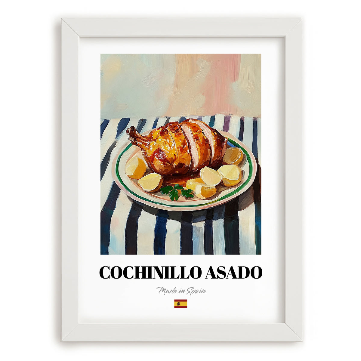 Cochinillo Asado – on Striped Tablecloth, Spanish Food Wall Decor, placed in minimal white frame