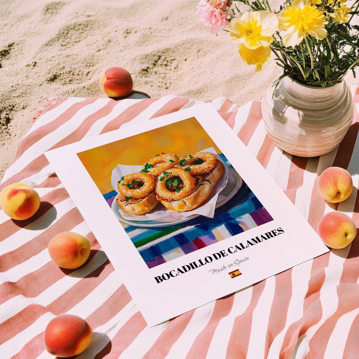 Bocadillo de Calamares – Oil Painting, Spanish Food Poster, unframed on coastal sand