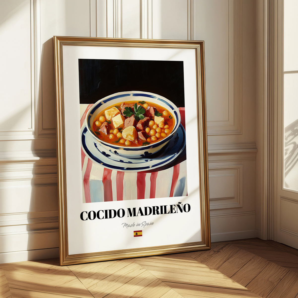 Cocido Madrileño – on Striped Tablecloth, Spanish Food Still Life