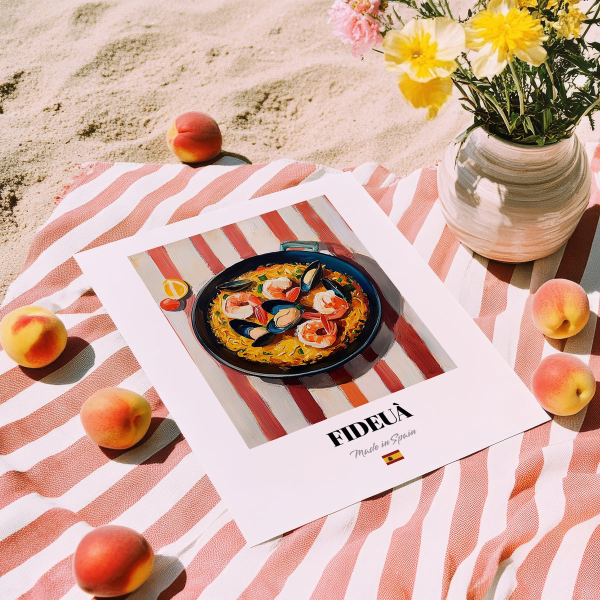 Fideuà – on Striped Tablecloth, Spanish Pasta Wall Print, unframed on coastal sand