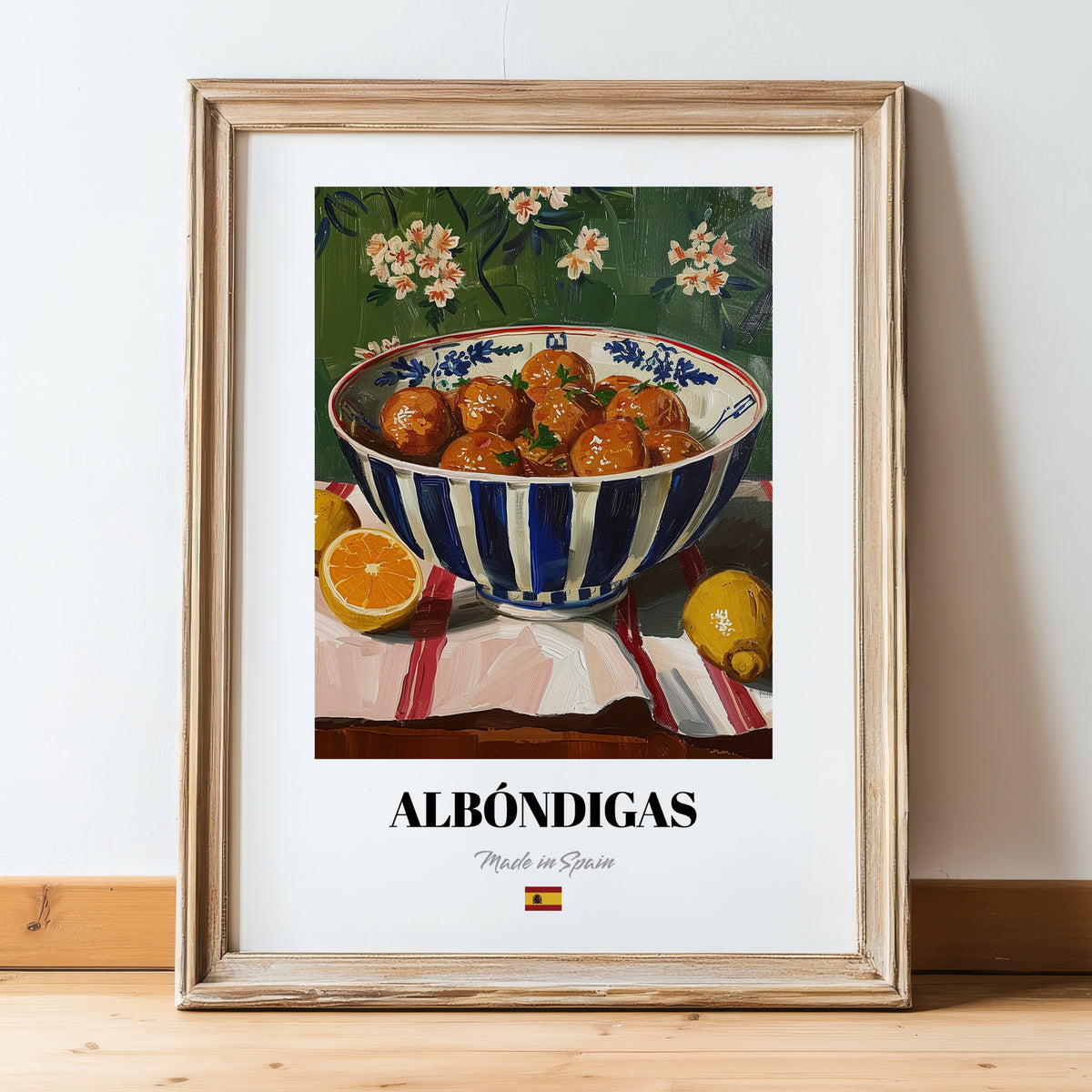Albóndigas – Art, Spanish Food Wall Art, in wooden frame leaning on the floor