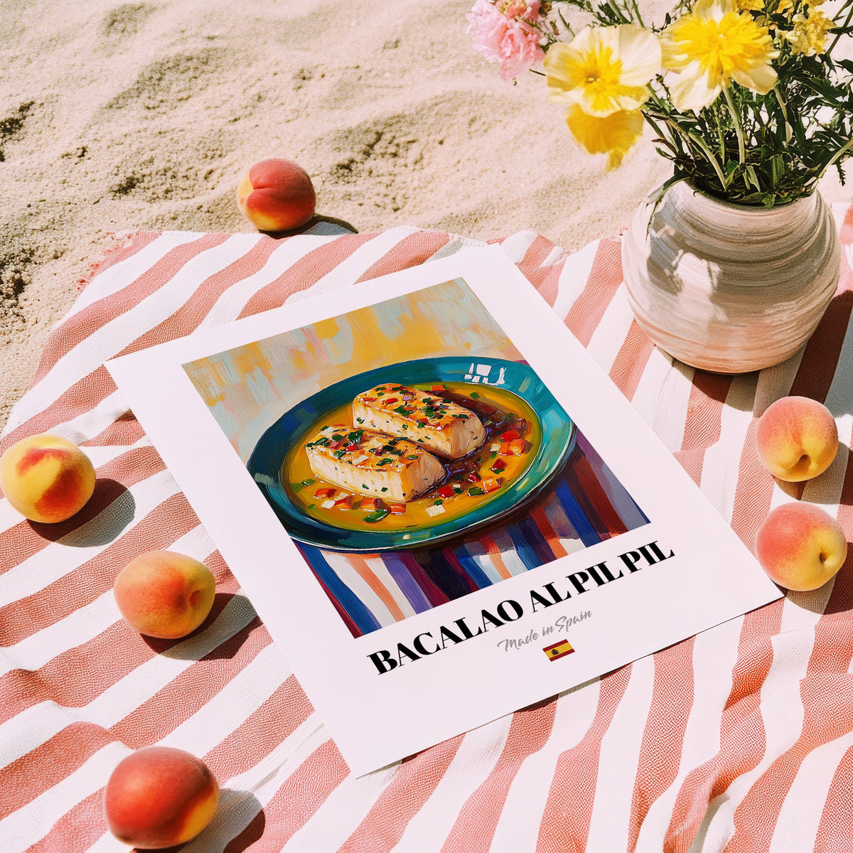 Bacalao al Pil Pil – Oil Painting, Spanish Food Poster, unframed on coastal sand