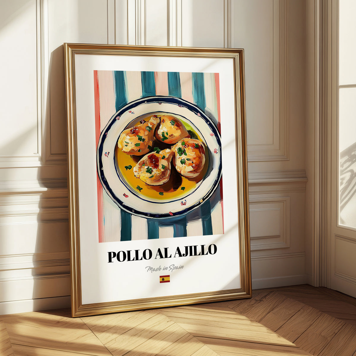 Pollo al Ajillo – on Striped Tablecloth, Spanish Food Wall Art