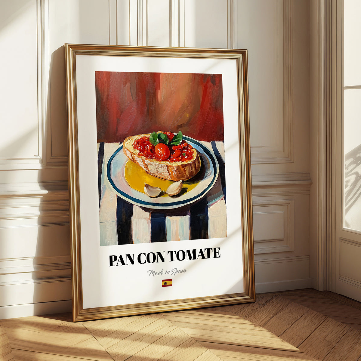 Pan con Tomate – on Striped Tablecloth, Spanish Food Illustration