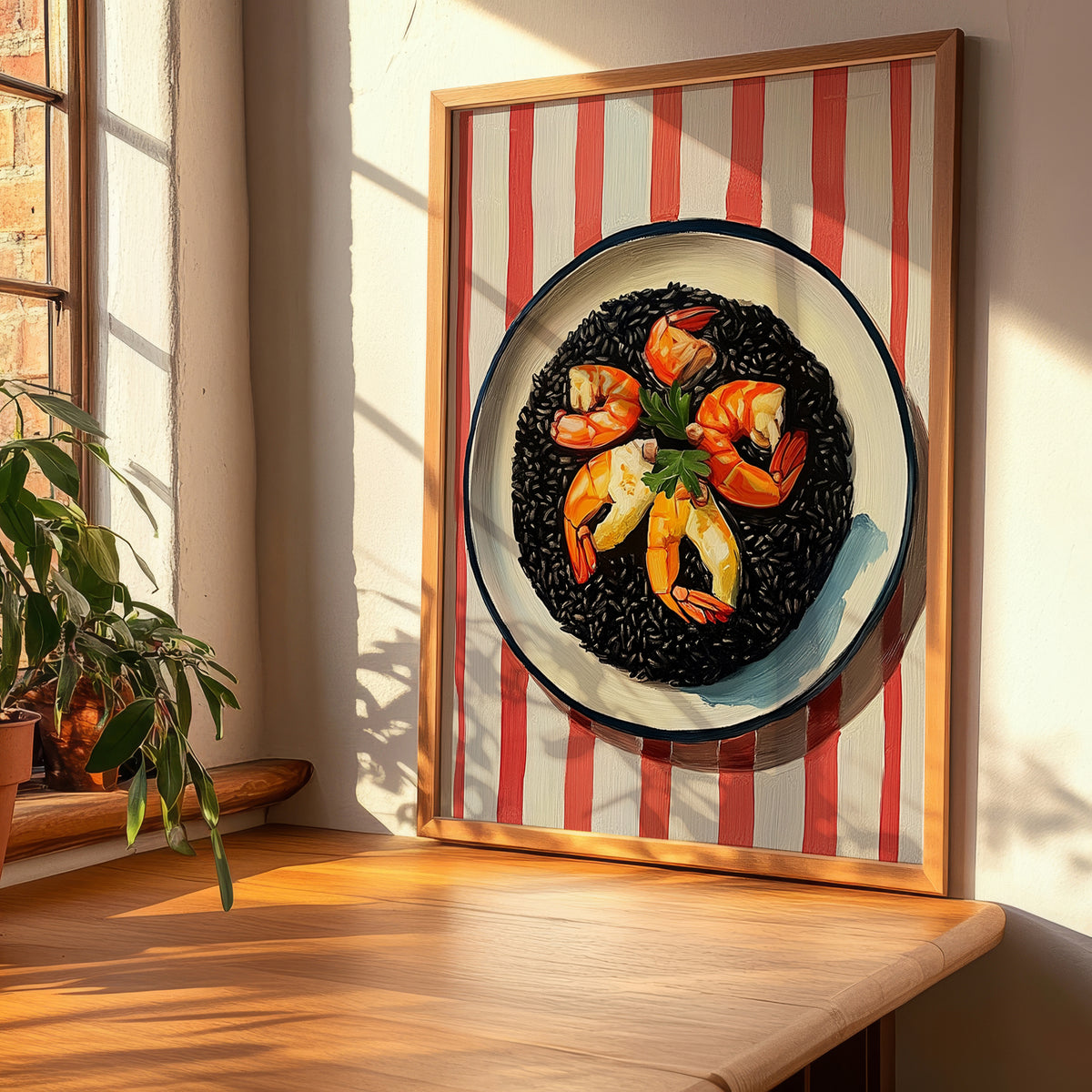Arroz Negro – on Striped Tablecloth, Spanish Food Print, clean layout with no caption