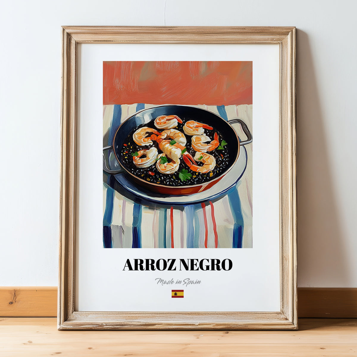 Arroz Negro – Oil Painting, Spanish Food Still Life, in wooden frame leaning on the floor