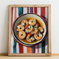 Gambas al Ajillo – on Striped Tablecloth, Spanish Food Print, no-text version framed in wood