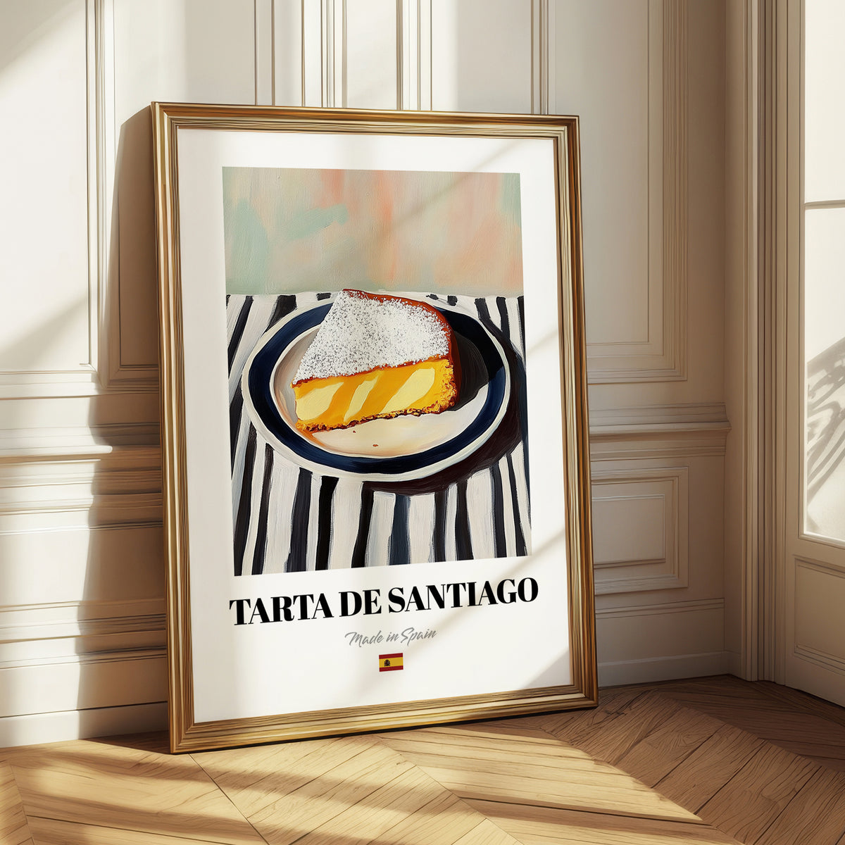 Tarta de Santiago – on Striped Tablecloth, Spanish Dessert Illustration 