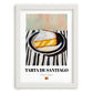 Tarta de Santiago – on Striped Tablecloth, Spanish Dessert Illustration, placed in minimal white frame