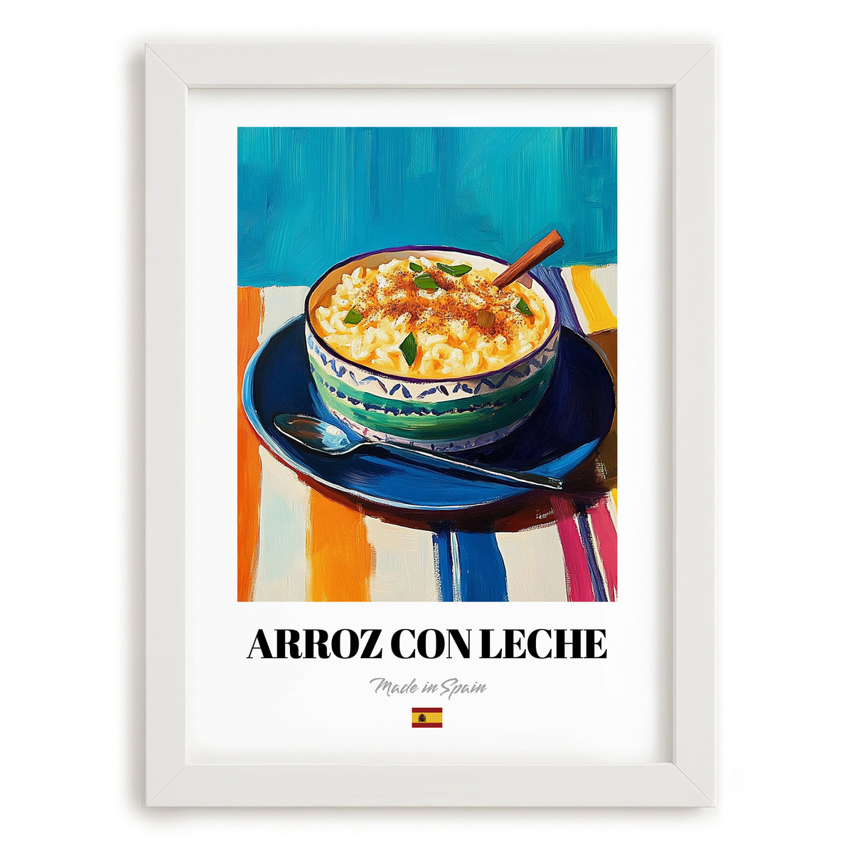 Arroz con Leche – Art, Spanish Dessert Painting, placed in minimal white frame