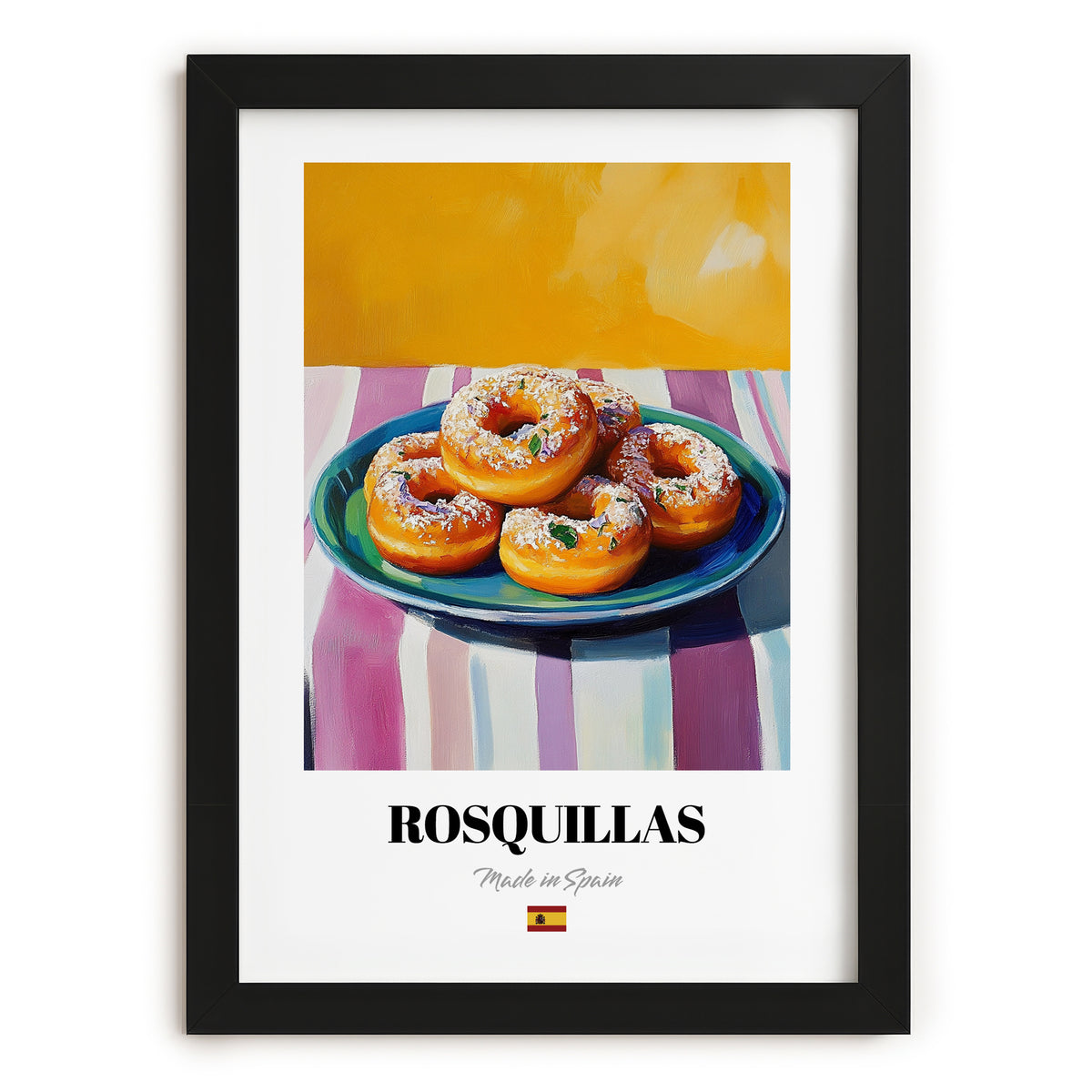 Rosquillas – Colorful Oil Painting, Spanish Dessert Wall Decor, in sleek black frame