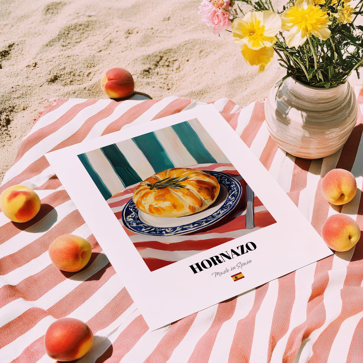 Hornazo – Colorful Oil Painting, Spanish Food Still Life, unframed on coastal sand