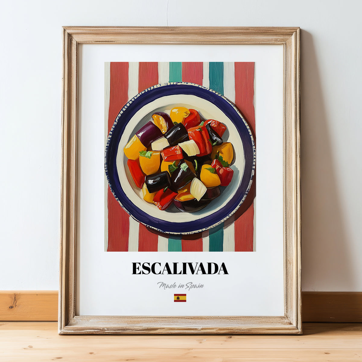 Escalivada – on Striped Tablecloth, Spanish Food Print, in wooden frame leaning on the floor