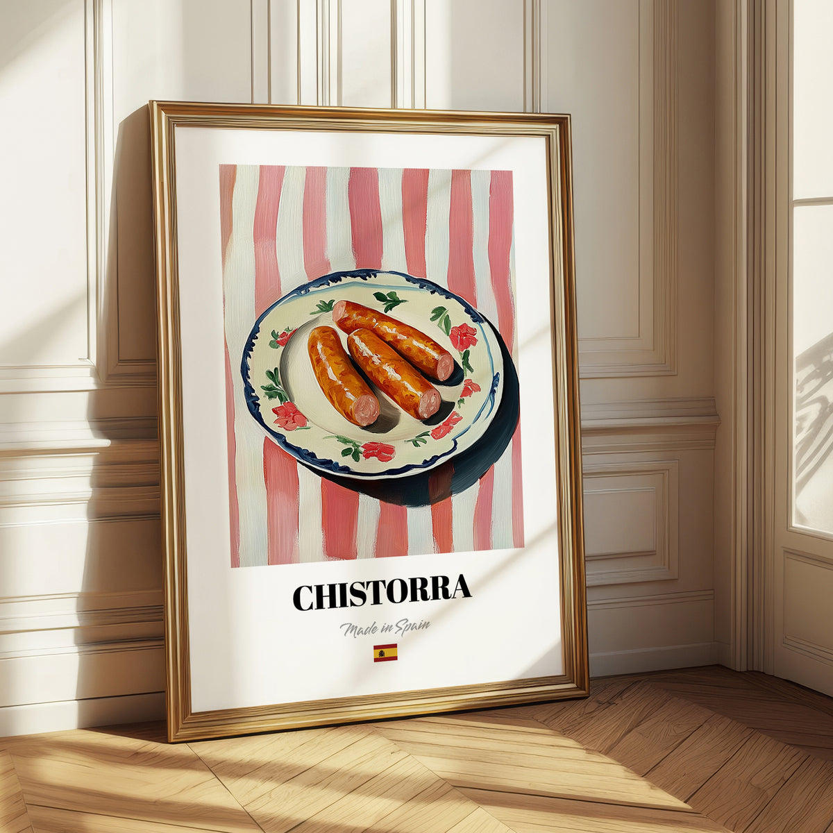 Chistorra – on Striped Tablecloth, Spanish Food Painting