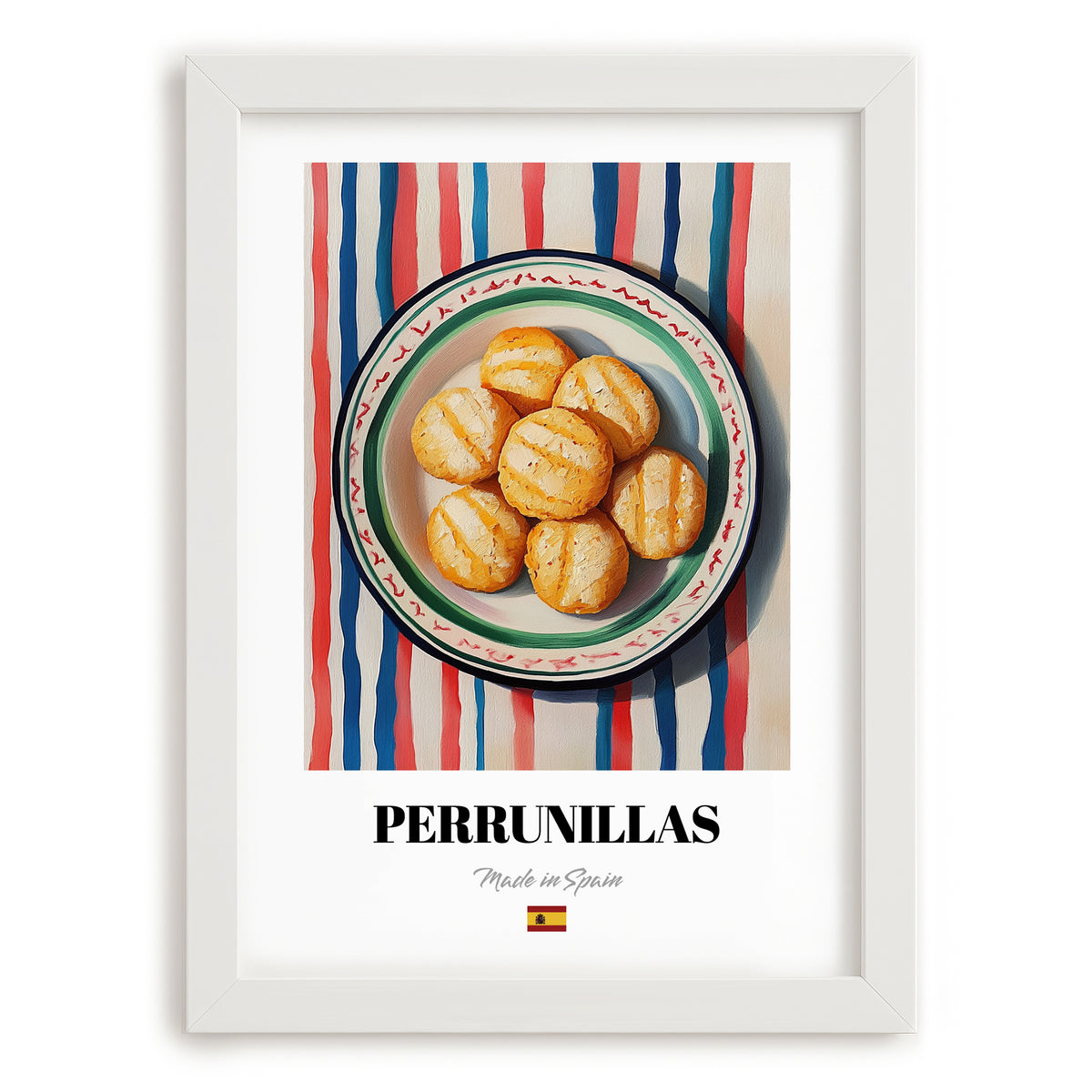 Perrunillas – on Striped Tablecloth, Spanish Dessert Wall Decor, placed in minimal white frame