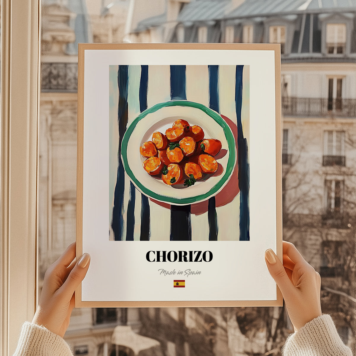 Chorizo – on Striped Tablecloth, Spanish Food Wall Art, styled in a charming Paris street view