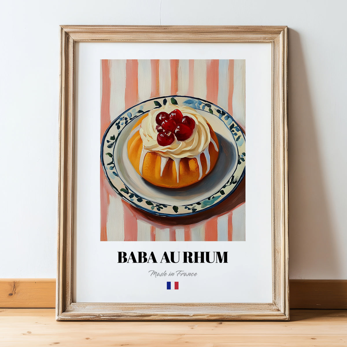Baba au Rhum – on Striped Tablecloth, French French Dessert Still Life, in wooden frame leaning on the floor