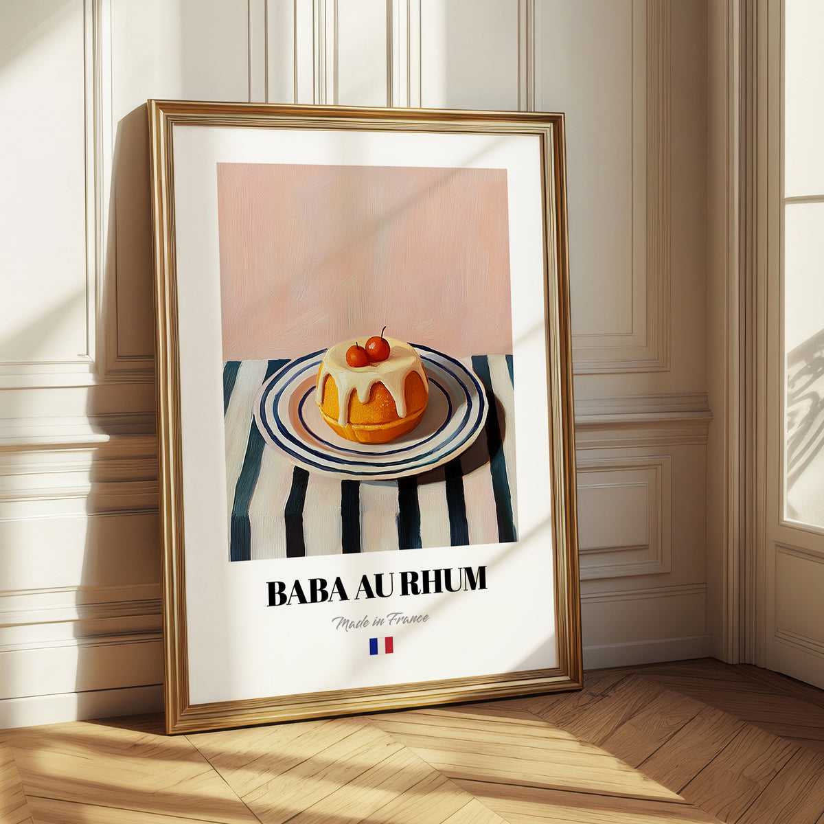 Baba au Rhum – on Striped Tablecloth, French French Dessert Wall Decor 