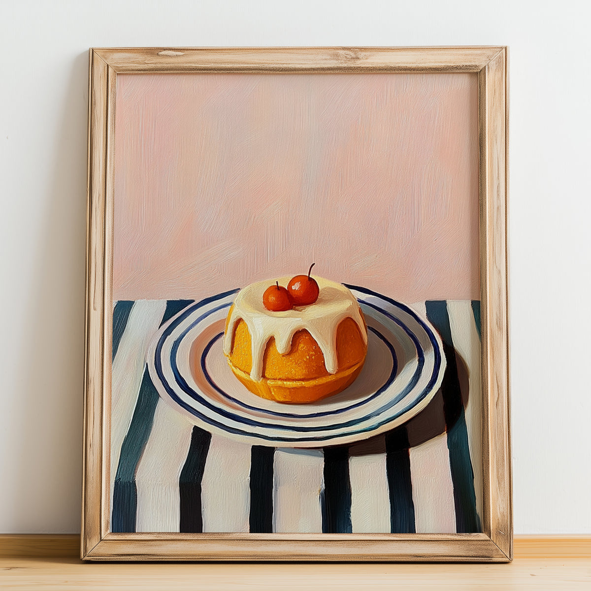 Baba au Rhum – on Striped Tablecloth, French French Dessert Wall Decor, no-text version framed in wood