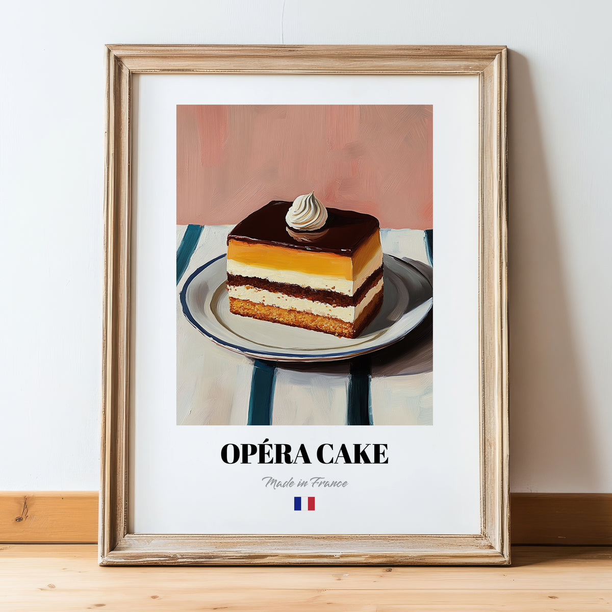 Opéra Cake – on Striped Tablecloth, French French Dessert Still Life, in wooden frame leaning on the floor