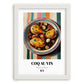 Coq au Vin – on Striped Tablecloth, French Food Poster, placed in minimal white frame