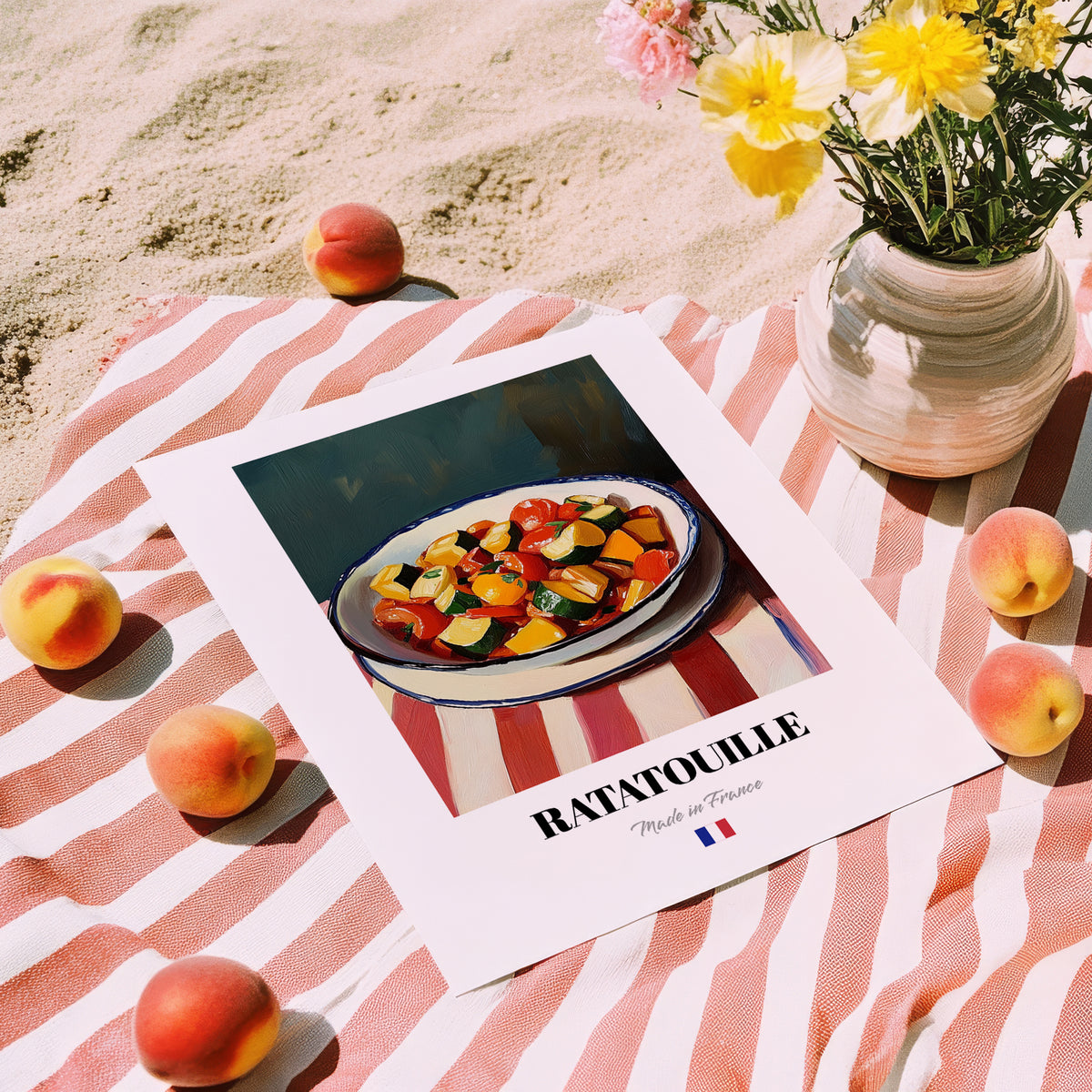 Ratatouille – on Striped Tablecloth, French Food Wall Art, unframed on coastal sand