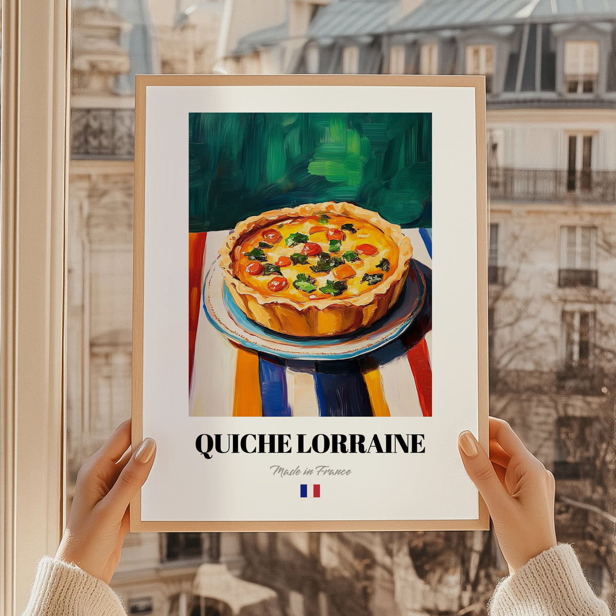 Quiche Lorraine – Art, French Pastry Wall Art, styled in a charming Paris street view