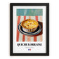 Quiche Lorraine – on Striped Tablecloth, French Pastry Painting, in sleek black frame