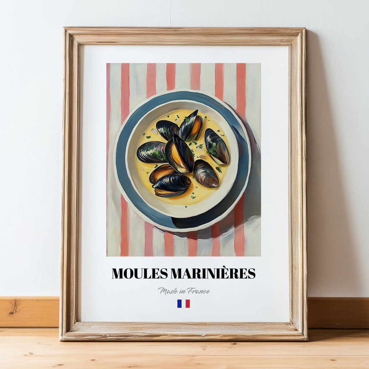 Moules Marinières – on Striped Tablecloth, French Food Art, in wooden frame leaning on the floor