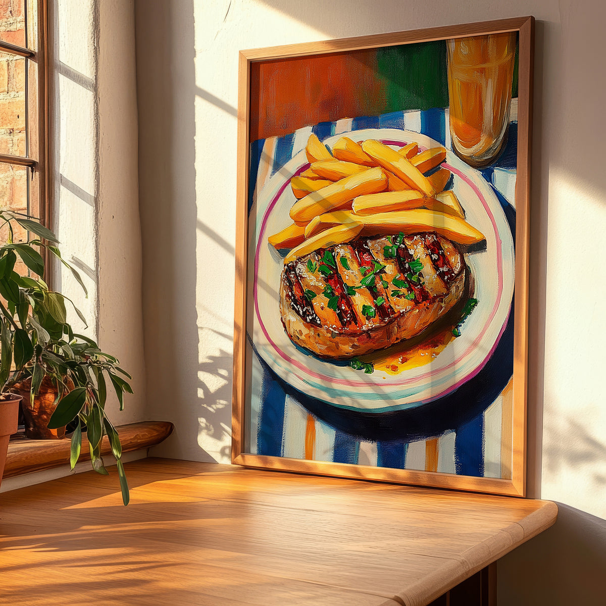 Steak Frites – Oil Painting, French Food Illustration, clean layout with no caption