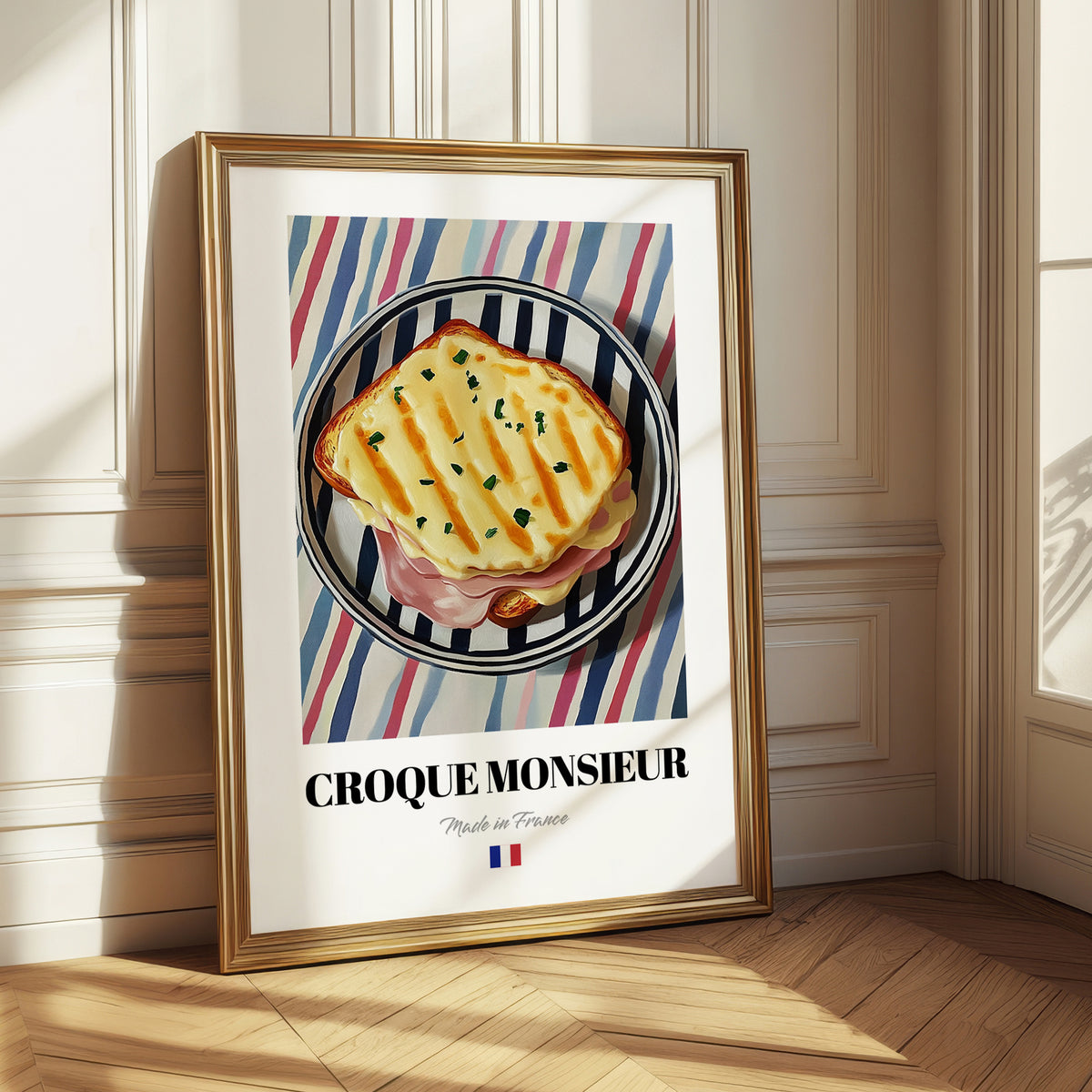 Croque Monsieur – on Striped Tablecloth, French Food Painting