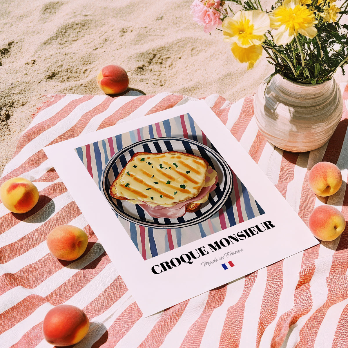 Croque Monsieur – on Striped Tablecloth, French Food Painting, unframed on coastal sand