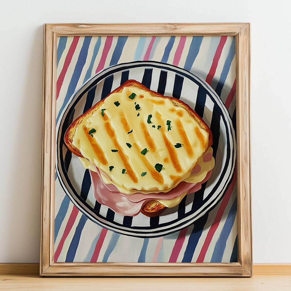 Croque Monsieur – on Striped Tablecloth, French Food Painting, no-text version framed in wood