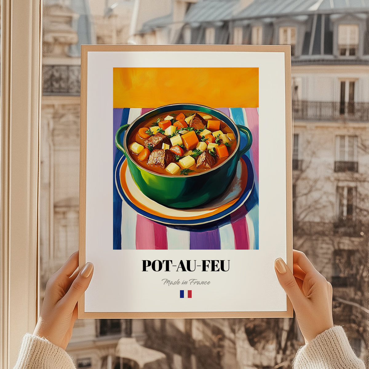 Pot-au-feu – Oil Painting, French Food Print, styled in a charming Paris street view