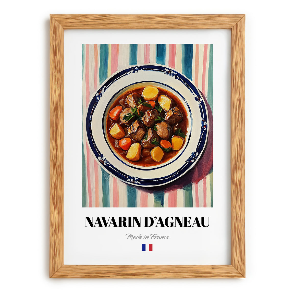 Navarin d’Agneau – on Striped Tablecloth, French Food Wall Art, set in oak frame