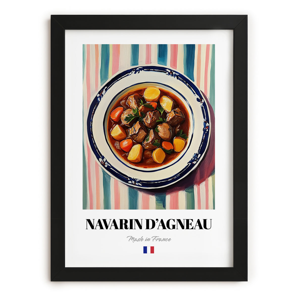 Navarin d’Agneau – on Striped Tablecloth, French Food Wall Art, in sleek black frame