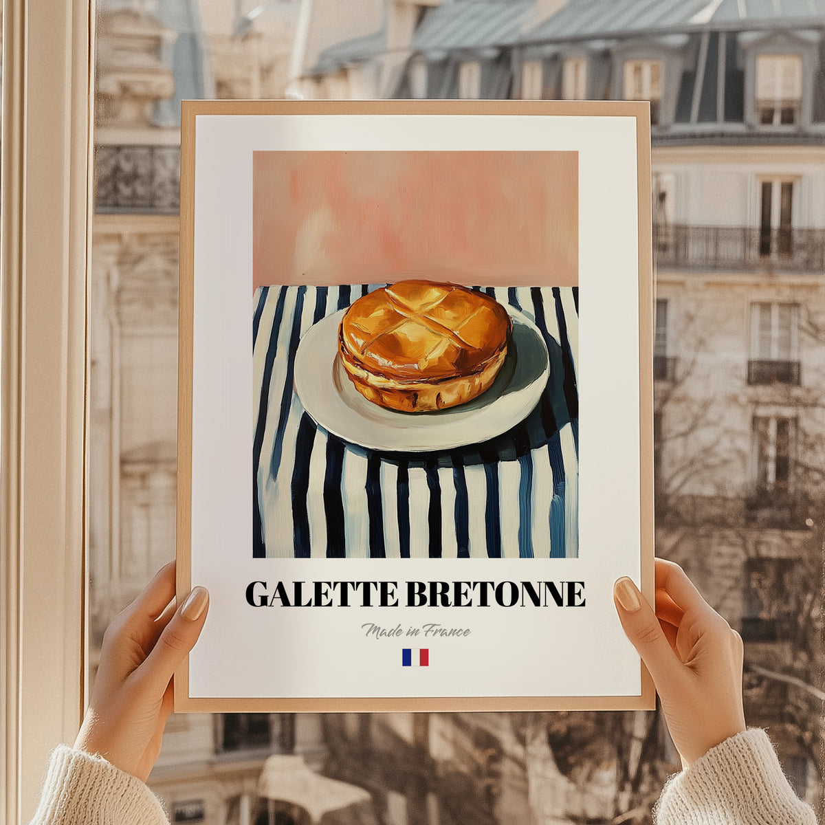 Galette Bretonne – on Striped Tablecloth, French Pastry Print, styled in a charming Paris street view