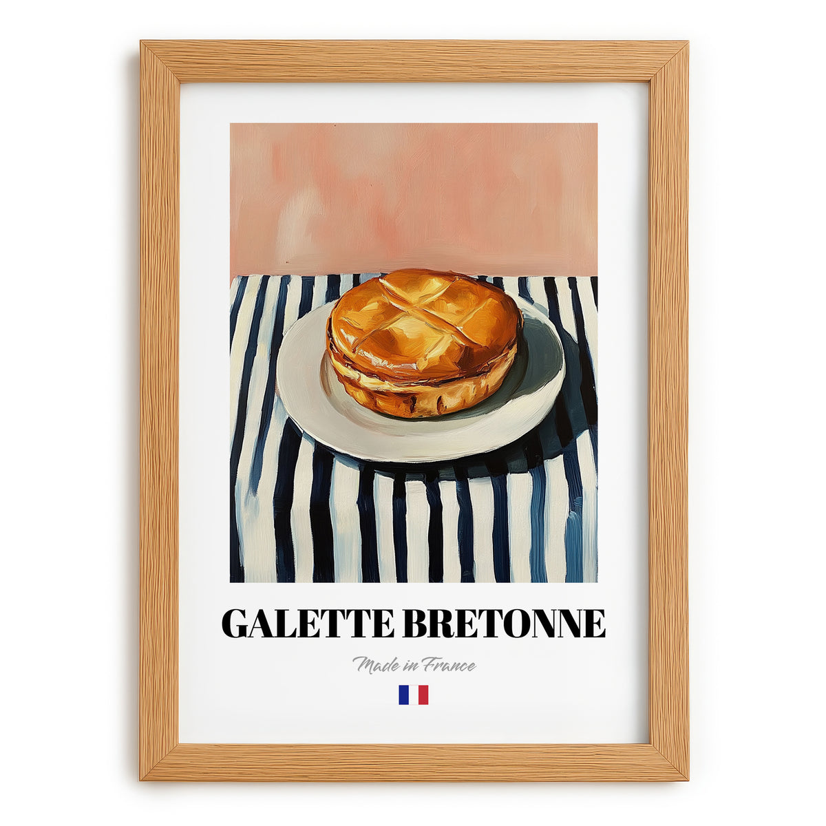 Galette Bretonne – on Striped Tablecloth, French Pastry Print, set in oak frame