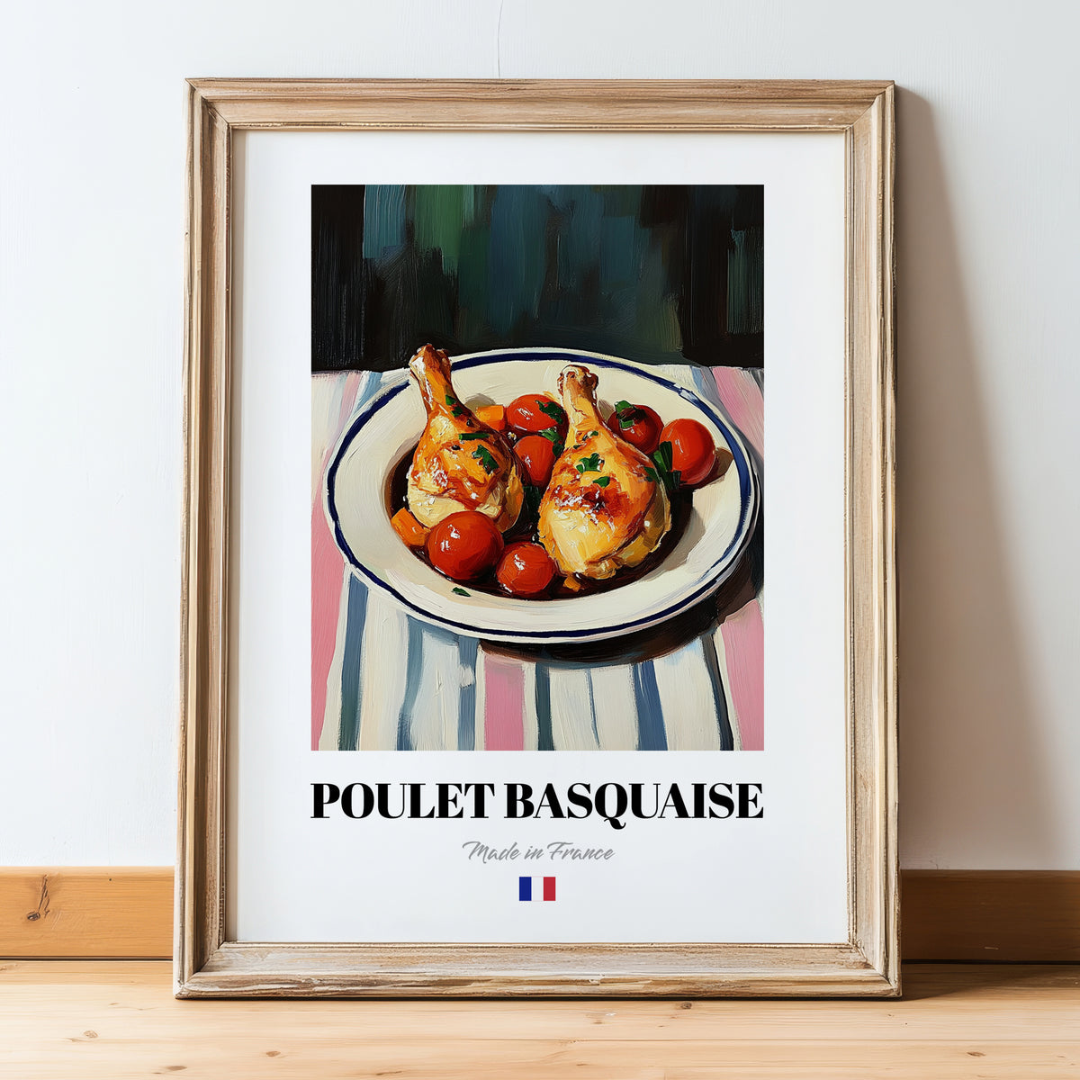 Poulet Basquaise – on Striped Tablecloth, French Food Painting, in wooden frame leaning on the floor