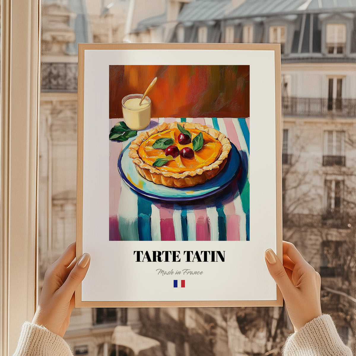 Tarte Tatin – Colorful Oil Painting, French French Dessert Still Life, styled in a charming Paris street view