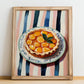 Tarte Tatin – on Striped Tablecloth, French French Dessert Poster, no-text version framed in wood
