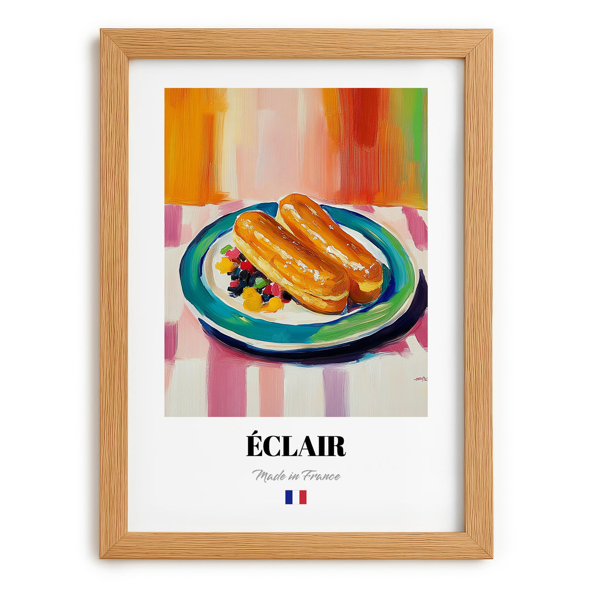 Éclair – Colorful Oil Painting, French French Pastry Print, set in oak frame