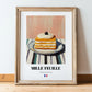 Mille-Feuille – on Striped Tablecloth, French French Pastry Illustration, in wooden frame leaning on the floor