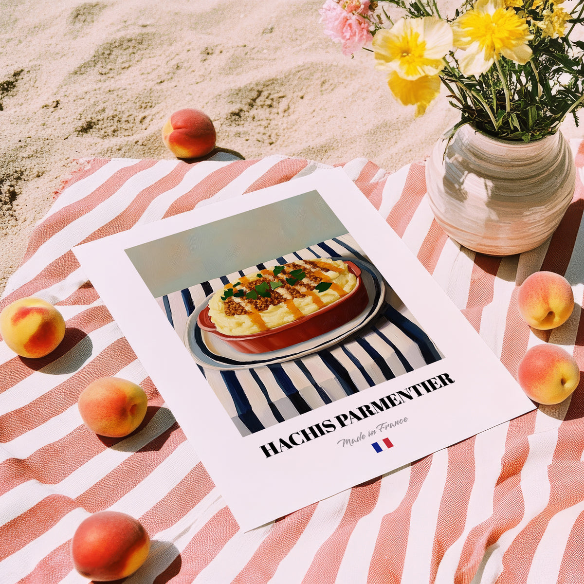Hachis Parmentier – on Striped Tablecloth, French Food Illustration, unframed on coastal sand