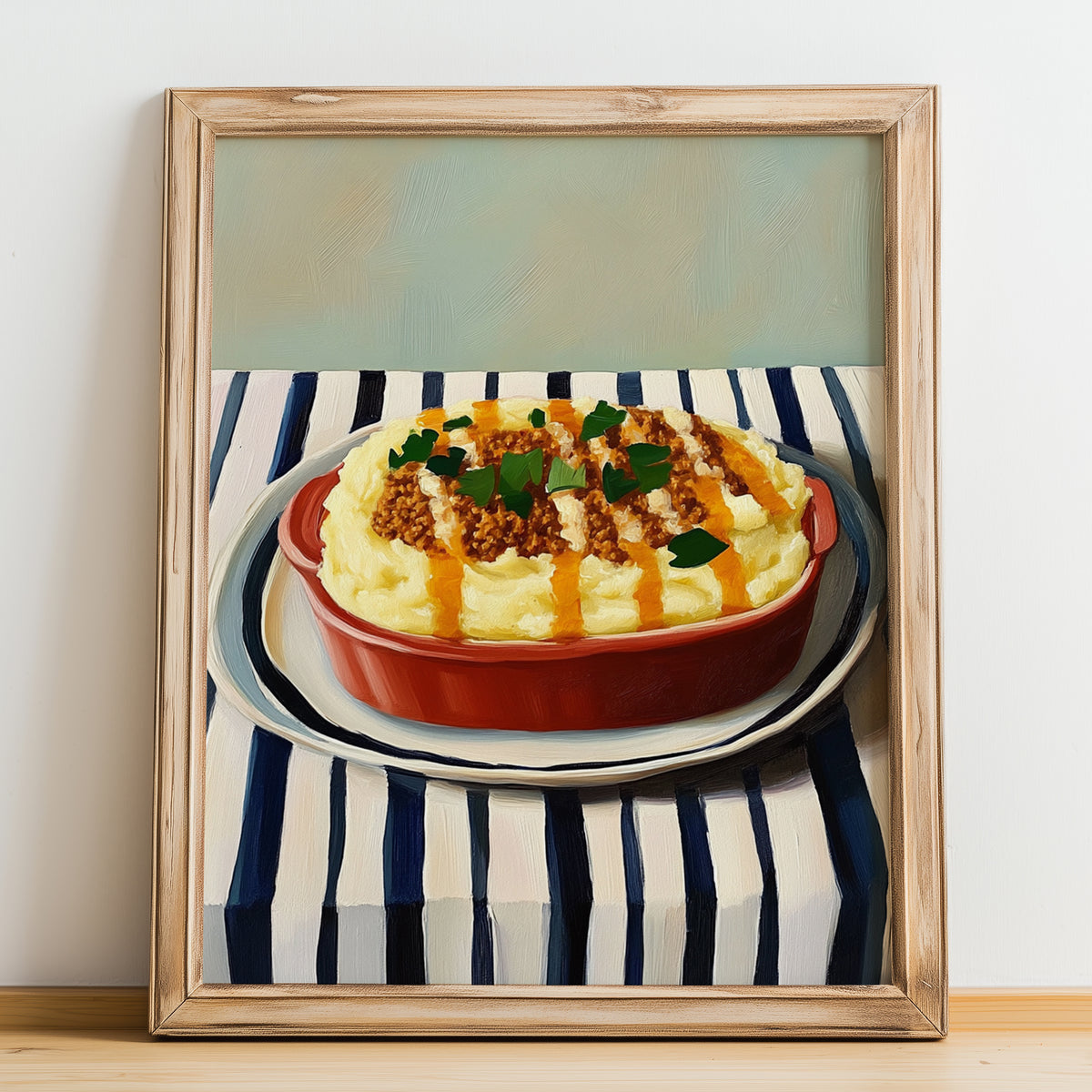 Hachis Parmentier – on Striped Tablecloth, French Food Illustration, no-text version framed in wood