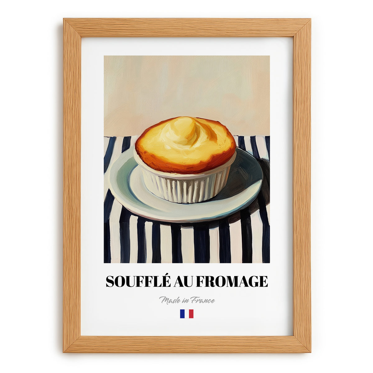 Soufflé au Fromage – on Striped Tablecloth, French Food Wall Print, set in oak frame