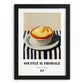 Soufflé au Fromage – on Striped Tablecloth, French Food Wall Print, in sleek black frame