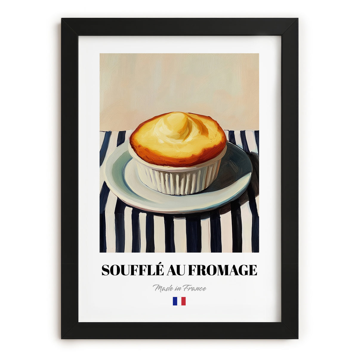 Soufflé au Fromage – on Striped Tablecloth, French Food Wall Print, in sleek black frame