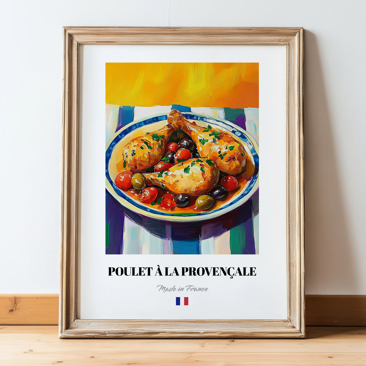 Poulet à la Provençale – Colorful Oil Painting, French Food Painting, in wooden frame leaning on the floor