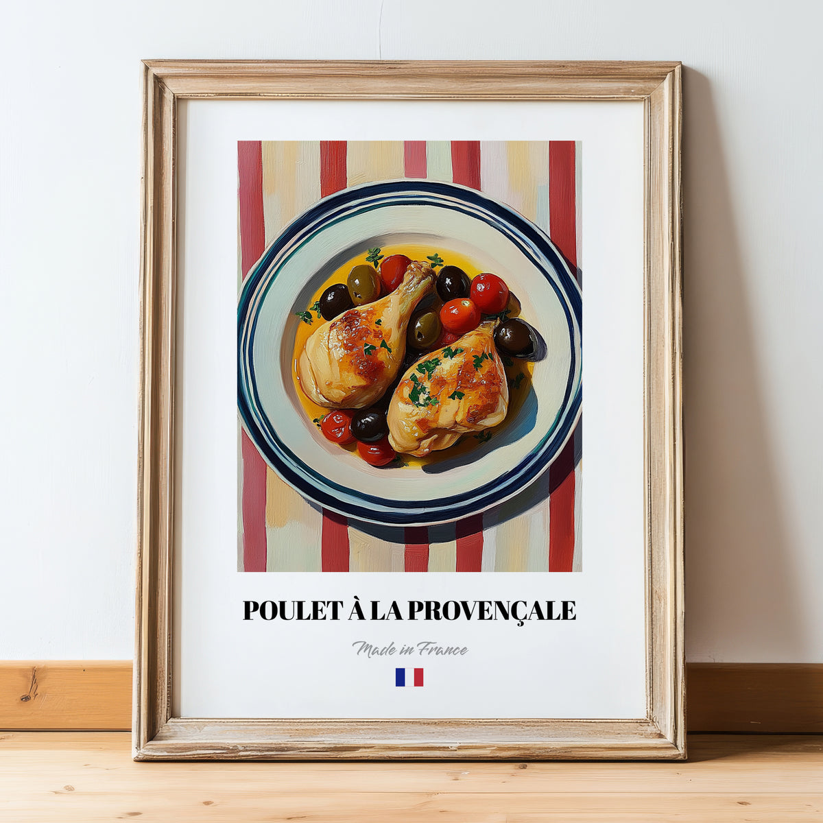 Poulet à la Provençale – on Striped Tablecloth, French Food Print, in wooden frame leaning on the floor